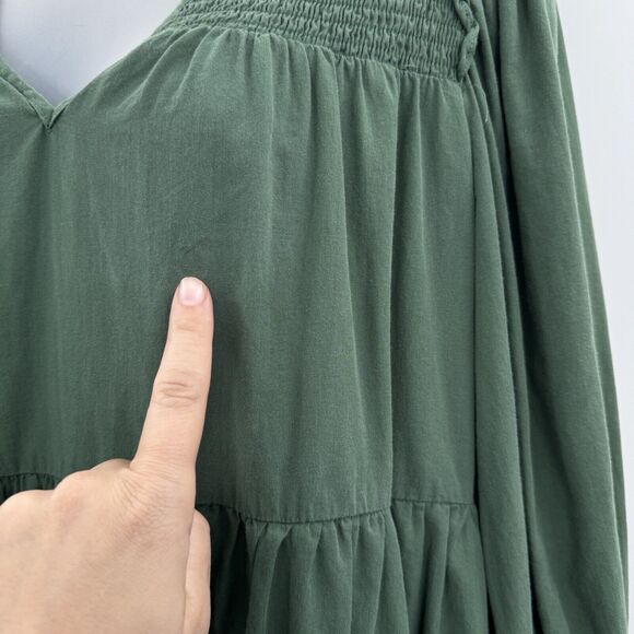 Pomander Place Ceci Mini Dress Size S Green Cotton Tiered Smocking V-Neck Lined - Picture 6 of 12